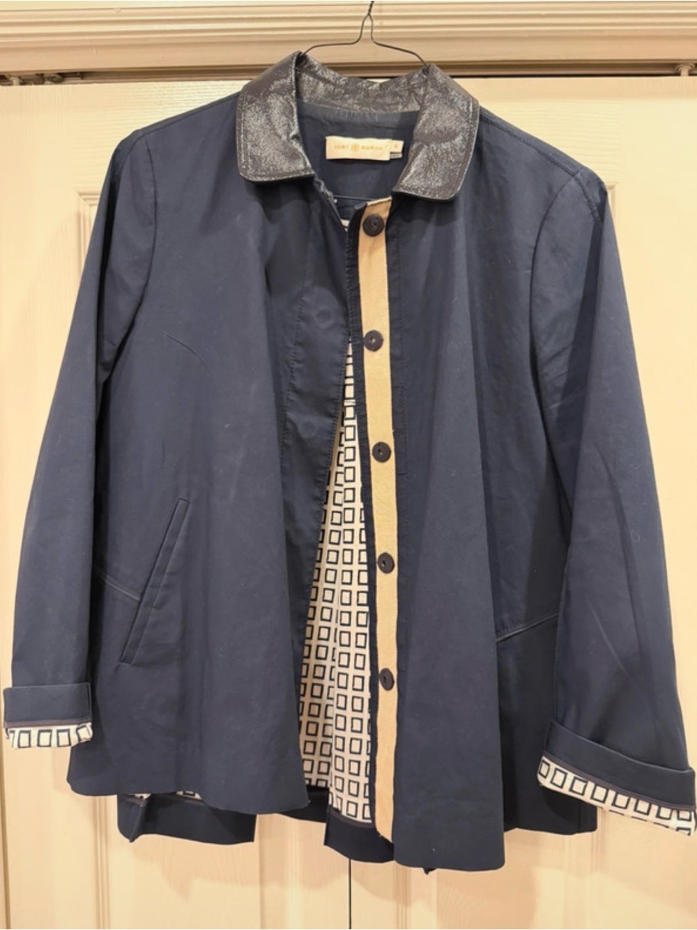 Tory Burch Navy Jacket with Tan Placket and Leather Collar Size 12